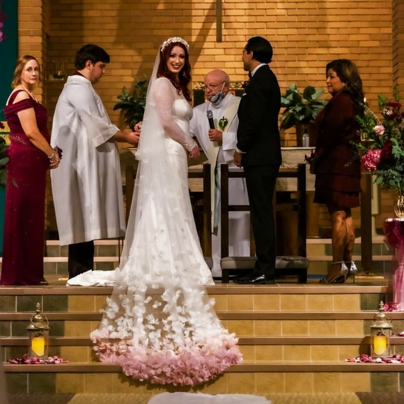 Custom cathedral veil with blush ombre 3D petals main image 6